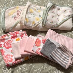 Lot of Baby Girl Hooded Bath Towels & Wash Cloths